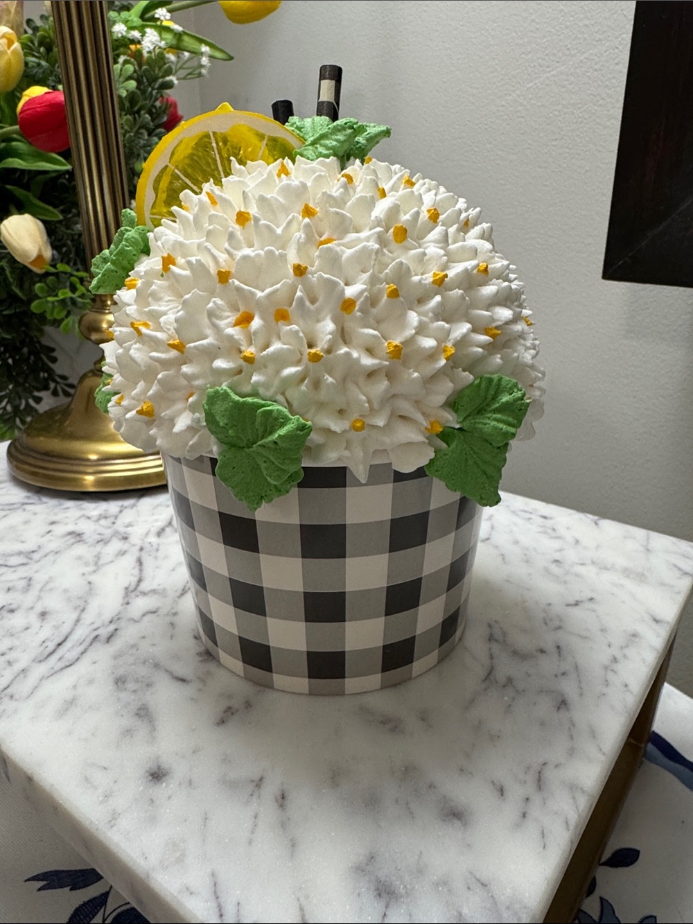 Faux White Floral Decor with Lemon Slice and Green Leaves - fake - Picture 2 of 8